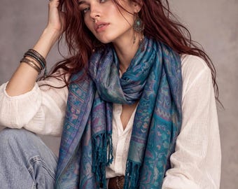 Turquoise Floral Paisley Scarf, Cotton Viscose Blend Fringed Shawl, Bohemian Autumn Winter Wrap, Ideal Gifts for Her
