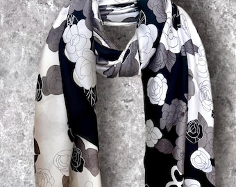 Black/White Camellia Floral Silk Scarf,Chic Monochrome Spring Summer Wrap,Lightweight Fashion Shawl,Elegant Gift for Women
