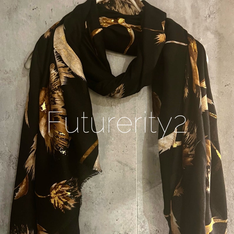 Thistle Flowers Gold Dusk Black Cotton Scarf/Spring Summer Autumn Scarf/Scarf Women/Gift For Her Birthday Christmas/Gifts For Mum/UK Seller image 1
