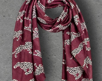 Burgundy Leopard Print Scarf, Lightweight Autumn Shawl, Wine Red Animal Motif Wrap, Ideal Gifts for Her