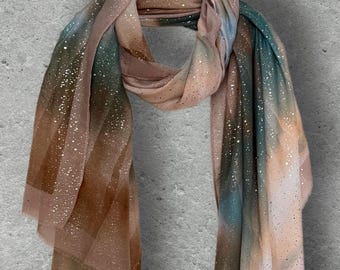 Taupe Green Brown Shimmer Summer Scarf for Women,Lightweight Cotton Shawl,Sparkle Evening Wrap,Great Gift for Her