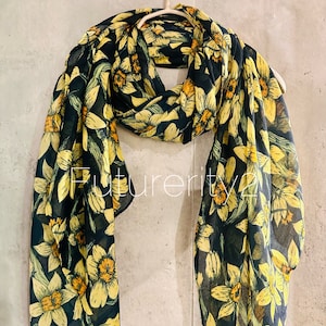 ECO Friendly Seamless Daffodil Flowers Organic Cotton Dark Blue Scarf/Spring Summer Autumn Scarf/Gifts For Mother/Birthday Christmas Gifts
