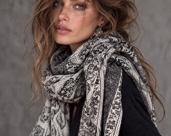 Reversible Black Winter Scarf, Ivory Bohemian Medallion Shawl for Women, Soft Oversized Warm Wrap, Fringed Cold Weather Gift for Her