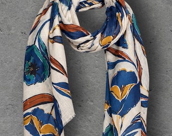 Ivory Blue Floral Print Scarf, Lightweight Autumn Wrap, Teal Botanical Shawl for Women, Ideal Gifts for Her