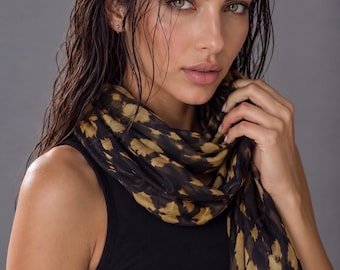 Chocolate Brown White Abstract Tie Dye Cotton Scarf,Sheer Modern Boho Wrap,Lightweight Summer Shawl,Unique Gift for Her