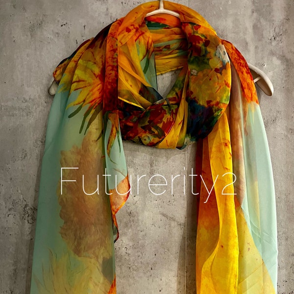 Watercolour Sunflower Yellow Blue  Silk Scarf/Spring Summer Autumn Scarf/Gift For Her Birthday Christmas/Gifts For Mum/Wedding Evening Scarf