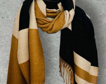 Beige/Black Block Pattern Winter Scarf,Double-Sided Women Shawl,Cozy Winter Wrap,Ideal Gifts for Her,Anniversary,Birthday or Christmas
