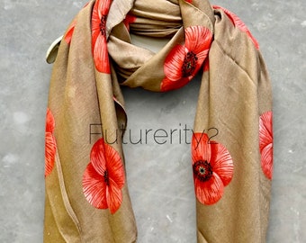 Poppy Flowers Beige Cotton Scarf/Summer Autumn Winter Scarf/Scarf Women/Gifts For Her/Birthday Christmas Gifts/Gifts For Mother