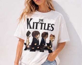 The Kittles Cat Band T-Shirt,Funny Cat Lover Gift,Abbey Road Parody Tee,Cute Kitten Graphic Shirt,Unisex 100% Cotton White T-Shirt