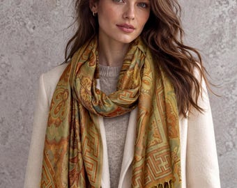Mustard Olive Autumn Scarf, Damask Florals Cotton Viscose Blend Pashmina Style Fringed Winter Wrap