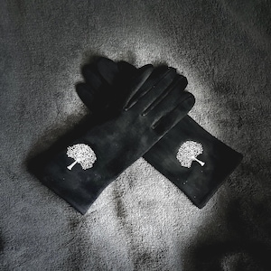 Embroidery Mulberry Tree Black Gloves,Winter Gloves,Stretch Faux Suede Fabric Women Gloves,Great Gifts for Mom,Her,Birthday and Christmas