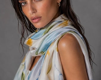Blue Yellow Floral Silk Scarf for Women, Lightweight SummerLong Shawl,Watercolour Botanical Print Wrap,Luxury Gift for Her