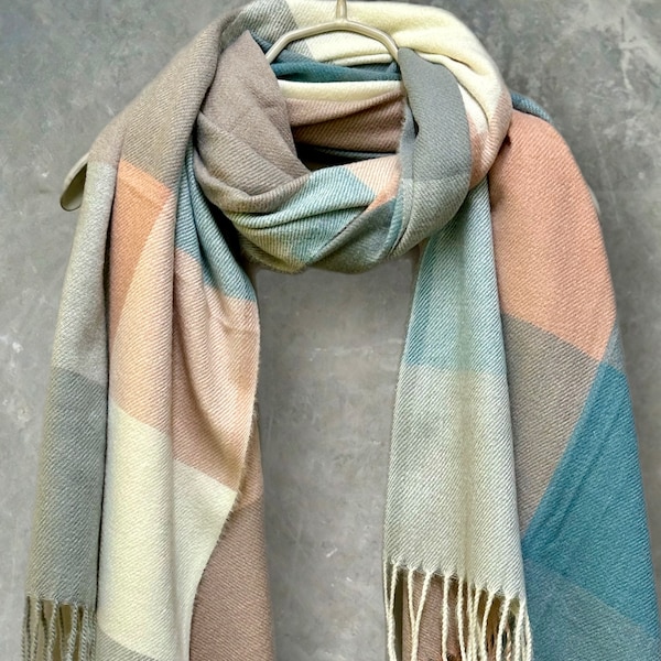 Teal Blue,Beige Cashmere Blend Scarf in Block Pattern/Autumn Winter Scarf/Scarf for Women/Gifts For Mom/Gifts For Her,Birthday,Christmas