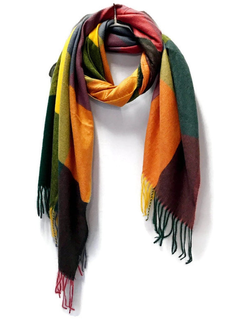 Blocks Pattern Orange Green Cashmere Blend Scarf/Winter Autumn Scarf/Gifts For Mother/Gifts For Her/Scarves Women/Christmas Birthday Gifts image 2