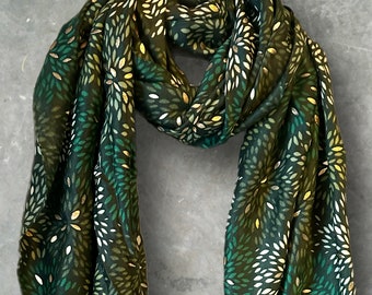 Firework Pattern with Gold Foils Green Cotton Scarf,Women Scarf,Autumn Winter Scarf,Gifts for Her,Mom,Gifts for Birthday,Christmas