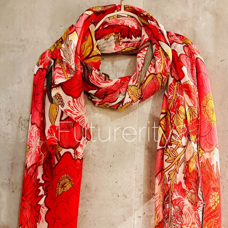 Red Pink Organic Cotton Scarf with Sketched Flowers and Leaves.An Eco-Friendly and Thoughtful Gift for Mom, Ideal for Birthday and Christmas image 1