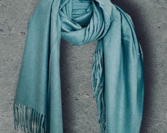 Teal Blue Winter Scarf, Ultra Soft Plain Wrap, Unisex Fringed Shawl, Warm Gifts for Him Her