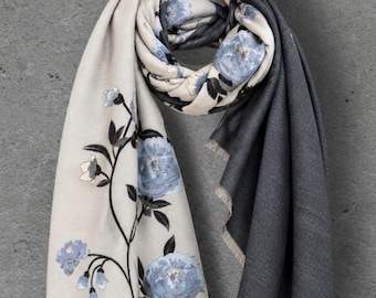 Ivory White & Charcoal Grey Floral Winter Scarf, Reversible Blue Peony Wrap, Cozy Shawl for Women, Elegant Gifts for Her