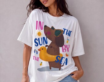 Summer Dog Graphic T.shirt,Cute Dachshund Beach Shirt,100% Cotton Funny Dog Lover Tee,Summer Vacation Top