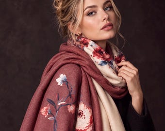 Beige & Brown Burgundy Reversible Winter Scarf, Peony Floral Shoulder Wrap for Women,Ultra Soft Shawl, Elegant Gifts for Her