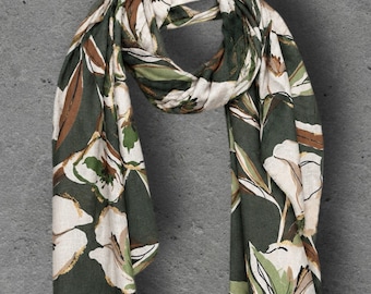 Olive Green Floral Print Autumn Winter Scarf, Lightweight Cotton Shawl, Cream Botanical Wrap for Women