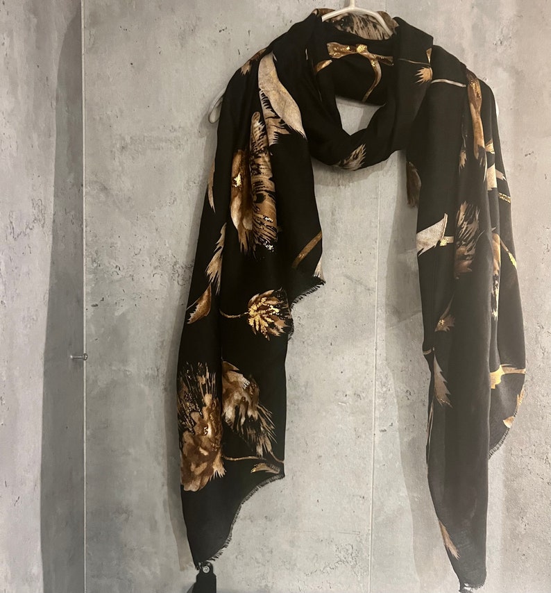 Thistle Flowers Gold Dusk Black Cotton Scarf/Spring Summer Autumn Scarf/Scarf Women/Gift For Her Birthday Christmas/Gifts For Mum/UK Seller image 3