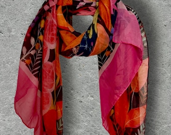 Pink and Black Tropical Leaves Cotton Scarf,Watercolour Botanical Print Wrap, Black Floral Summer Scarf for Women.