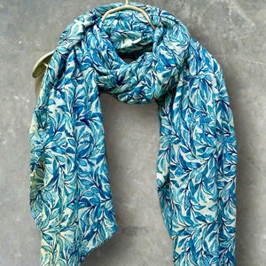 Chic Sketched Leaves Blue Scarf with Gold Flakes,Suitable for All Seasons,Ideal Gifts for Her,Mother Day, Birthday,Anniversary or Christmas