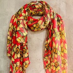 ECO Friendly Seamless Daffodil Flowers Organic Cotton Pink Scarf/Spring Summer Autumn Scarf/Gifts For Mother/Birthday Christmas Gifts