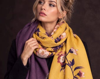 Mustard Yellow & Plum Purple Reversible Floral Winter Scarf, Warm Shoulder Wrap, Cozy Gifts for Her