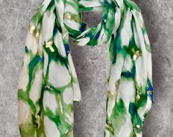 Green Marble Effect Cotton Scarf for Women,Lightweight Summer Wrap with Gold Accents,Soft Boho Shawl,Artistic Spring Fashion Scarf.
