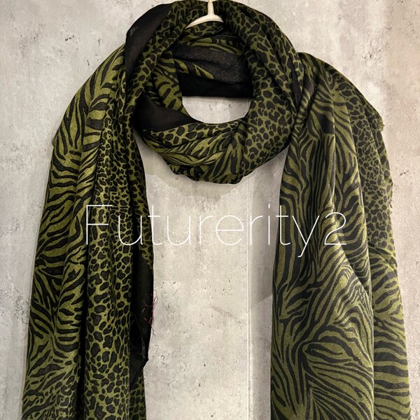 Micro Leopard X Zebra Pattern Pattern Olive Green Cotton Scarf/Summer Autumn Winter Women Scarf/Gifts For Her Birthday Christmas/UK Seller