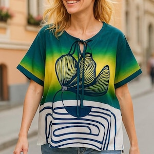 Boho Floral Print Blouse,Gradient Green Yellow Short Sleeve Top,Abstract Art Shirt for Women,Summer Casual Tunic, Gift for Her Birthday.