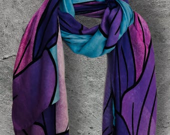 Abstract Floral Scarf in Purple Tones,Lightweight Wrap for Women, Artistic Statement Shawl,Ideal Gift for Her