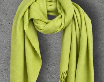 Lime Green Winter Scarf, Ultra Soft Fringed Shawl for Women, Bright Plain Warm Wrap, Cozy Gifts for Her