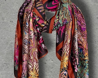 Pink and Brown Botanical Scarf, Ornate Garden Print Wrap with Rust Border