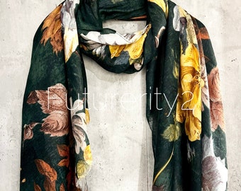 Green Vintage Peony Flowers Cotton Shawl/Spring Summer Autumn Scarf/Ideal Gifts For Her Birthday/Mum or Christmas