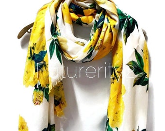 Yellow Peony Flower White Cashmere Blend Scarf/Summer Autumn Winter Scarf/Gifts For Mother/Gifts For Her/Scarf Women/Birthday Gifts