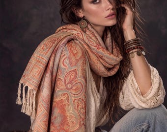 Coral Beige Damask Scarf, Cotton Viscose Blend Pashmina Style Autumn Winter Shawl