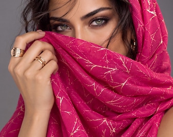 Fuchsia Pink Cotton Scarf with Gold Leaf Vein Print for Women,Lightweight Metallic Foil Shawl,Bright Summer Wrap,Great gift for Her