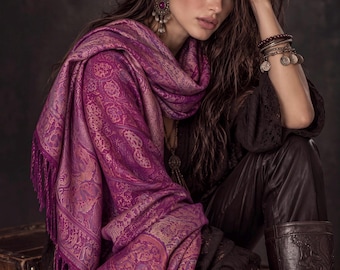 Magenta Paisley Scarf, Plum Floral Autumn Shawl in Cotton Viscose Blend with Fringed Edges, Ideal Gifts for Her