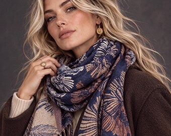Reversible Navy Floral Winter Scarf, Beige Botanical Wrap for Women, Ultra Soft Luxury Shawl, Warm Gift for Her