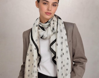 Ivory White Silk Scarf for Women with Black Small Floral Print,Lightweight Luxury Shawl,Chic Office Wrap,Great Gift for Her