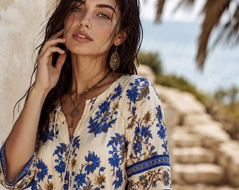 Blue Floral Bohemian Blouse, Cotton Viscose Blend, Tassel Tie Neckline Shirts
