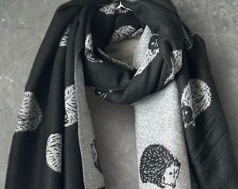 Adorable hedgehog Double-sided Cashmere Scarf in Black and Gey,Winter Scarf,Scarf Women,Gift for Mom,Her,Birthday and Christmas.