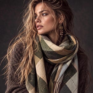 May include: A scarf featuring a large-scale diamond plaid pattern in shades of olive green, cream, brown, and light blue. The fabric has a subtle herringbone texture throughout, and the ends are finished with delicate, thin fringe detailing.