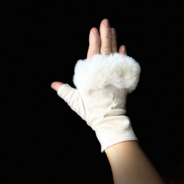Gants sans doigts en daim blanc avec détails en fausse fourrure, gants d’hiver, gants pour femmes, grands cadeaux pour maman, elle, anniversaire et Noël