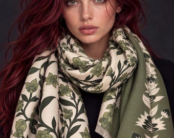Beige and Olive Green Heritage Garden Floral Reversible Winter Scarf, Cosy Botanical Wrap, Thoughtful Gifts for Her
