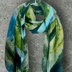 Unique Green/Blue Cotton Scarf Featuring Brushstrokes for Women,All Season Shawl,Great Gift for Her Birthday,Mom,Wife or Christmas