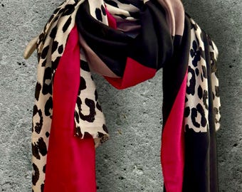 Women Scarf with Leopard Print and Color-Block in Fuchsia Pink,Black and Beige,All season Accessory,Great Gift for Her,Birthday or Christmas